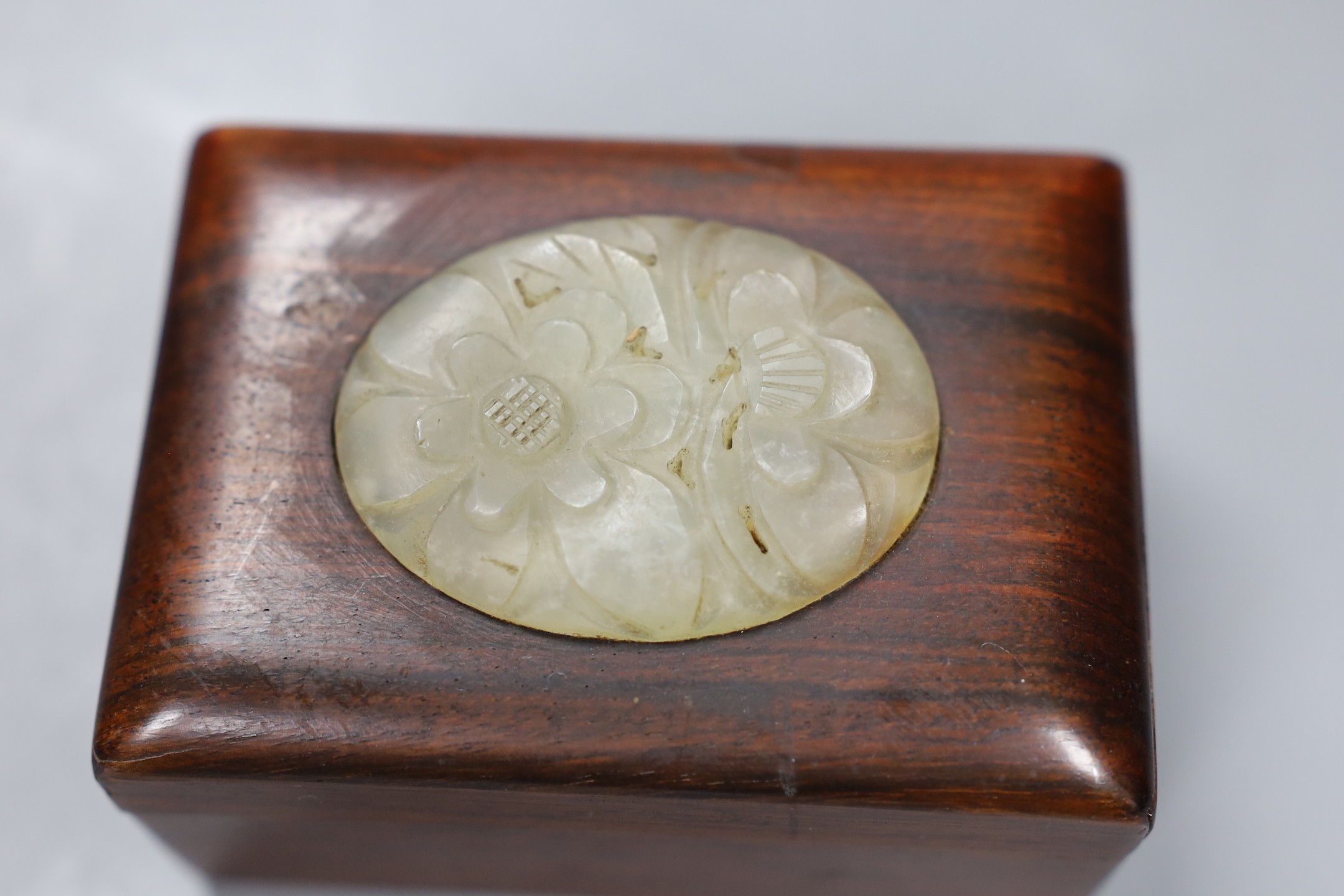 A Chinese hardwood and bowenite jade mounted box, 9.5cms wide x 5cms high